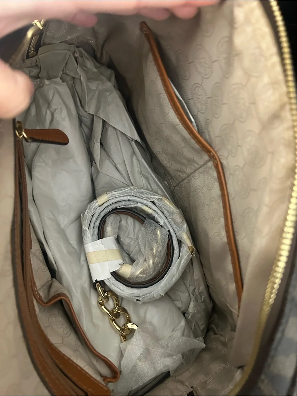 Michael Kors Brown MK Logo Satchel with Tan Handles and Gold Accent